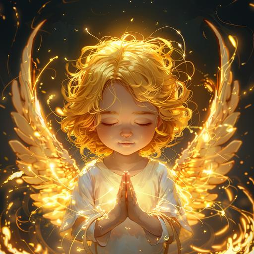 A cute angel with golden hair and wings, in a cartoon style, on a dark background, with golden light effects, surrounded by glowing energy waves, eyes closed in a prayer pose, hands clasped together, wearing white . The background is dark, with a soft glow effect on the edges of the character. --ar 1:1 --s 250 --v 6.0