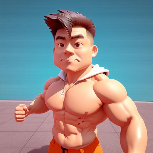 A cute boy, smiling, with a muscular body, with abs, cartoon, super realistic style POP MART, solid color background, 3D rendering, C4D ,--ar 9:16, 4K,