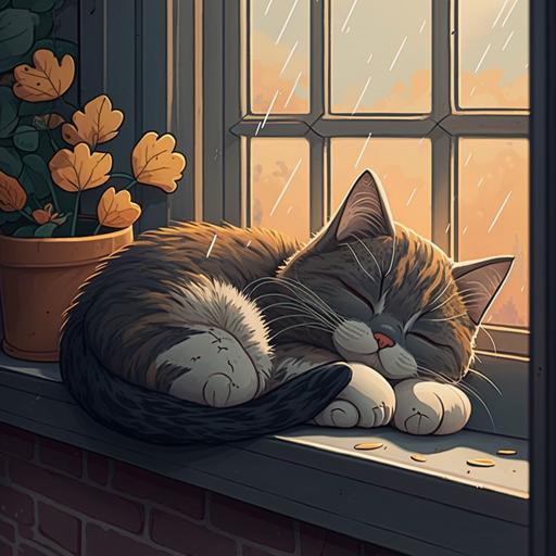 A cute cartoon cat sleeping on a windowsill