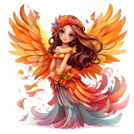 A cute cartoon character, with long braided hair, wearing a beautiful feathered skirt, colorful wings on her back, a combination of a girl and a phoenix. super cute. full body. clean background board.