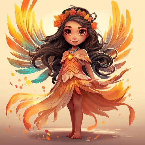 A cute cartoon character, with long braided hair, wearing a beautiful feathered skirt, colorful wings on her back, a combination of a little girl and a phoenix. super cute. full body. clean background board.