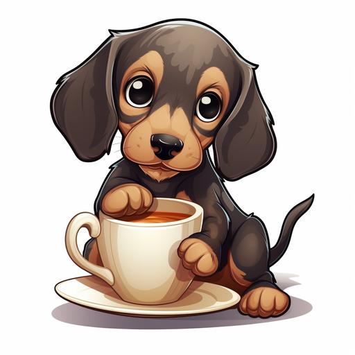 A cute cartoon dachshund puppy sitting in a coffe shop and drinks a coffee, sticker