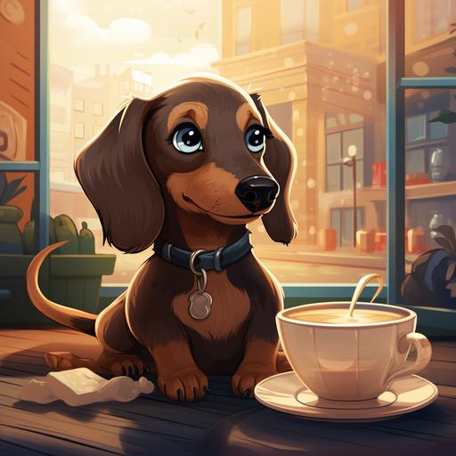 A cute cartoon dachshund puppy sitting in a coffe shop and drinks a coffee, background coffee shop, coffee bar