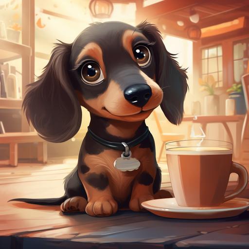 A cute cartoon dachshund puppy sitting in a coffe shop and drinks a coffee, background coffee shop, coffee bar