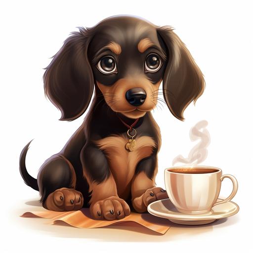 A cute cartoon dachshund puppy sitting in a coffe shop and drinks a coffee, transparent background