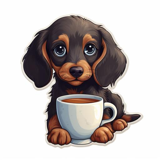 A cute cartoon dachshund puppy which drinks a coffee, sticker