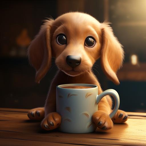 A cute cartoon dachshund puppy which drinks a coffee, hd, 4k