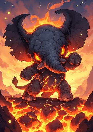 A cute cartoon illustration A Eudemons Magma Elephant The background is a terrifying volcano a pokemon game unit game asset --ar 5:7 --s 250 --niji 6