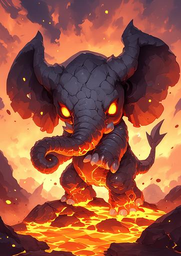 A cute cartoon illustration A Eudemons Magma Elephant The background is a terrifying volcano a pokemon game unit game asset --ar 5:7 --s 250 --niji 6