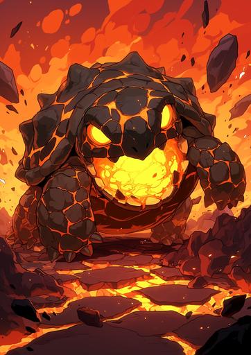 A cute cartoon illustration A Eudemons Magma Turtle The background is a terrifying volcano a pokemon game unit game asset --ar 5:7 --s 250 --niji 6