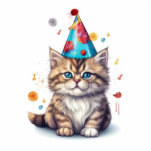 A cute cat wearing a party hat, ready to celebrate for sticker, white background