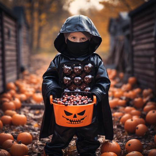 A cute child trick-or-treater dressed as Death is holding out a plastic pumpkin-shaped bucket filled with an assortment of candies and shiny bullets.
