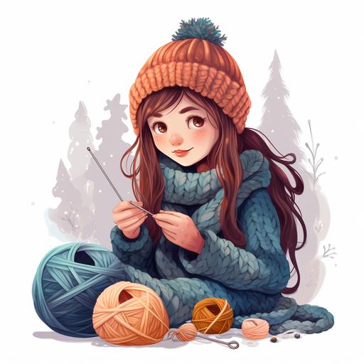 A cute girl knits a scarf on her knitting needles. Vector
