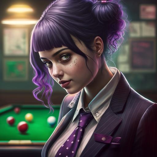 A cute girl with black and purple hair on the tip wearing a black butterfly tie suit playing a game of 8 ball. Realistic style. side camera. dimensions 16:9
