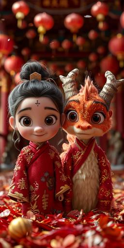 A cute humanized red and big Chinese dragon, Pixar style, both wearing human red sweaters with a big red woolen scarf tied around their necks, doing the same congratulatory motion, big red background, very festive, Chinese elements, welcoming the New Year, 32k uhd --chaos 50 --ar 2:4 --s 750 --v 6.0