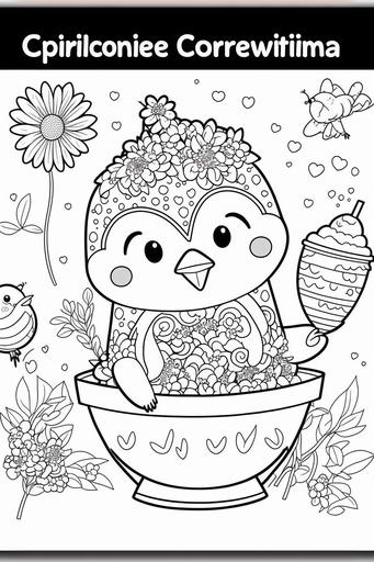 A cute kawaii penguin enjoying a delicious ice cream on a hot summer day, surrounded by flowers and butterflies. This prompt is a combination of coloring page style with whimsical and playful elements, and cartoon style with fun and detailed characters. The penguin is sitting on a bench, with a cone in one hand, and the other hand is holding a spoon, the ice cream is in a shape of a heart. Incorporate elements of coloring page style by Thaneeya McArdle and cartoon style by Looney Tunes, with a difficulty level of 3. Use thick outline and pen drawing techniques to create a whimsical, playful and detailed line art. Create without background and without any quality text. --ar 2:3 --v 4