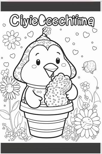 A cute kawaii penguin enjoying a delicious ice cream on a hot summer day, surrounded by flowers and butterflies. This prompt is a combination of coloring page style with whimsical and playful elements, and cartoon style with fun and detailed characters. The penguin is sitting on a bench, with a cone in one hand, and the other hand is holding a spoon, the ice cream is in a shape of a heart. Incorporate elements of coloring page style by Thaneeya McArdle and cartoon style by Looney Tunes, with a difficulty level of 3. Use thick outline and pen drawing techniques to create a whimsical, playful and detailed line art. Create without background and without any quality text. --ar 2:3 --v 4