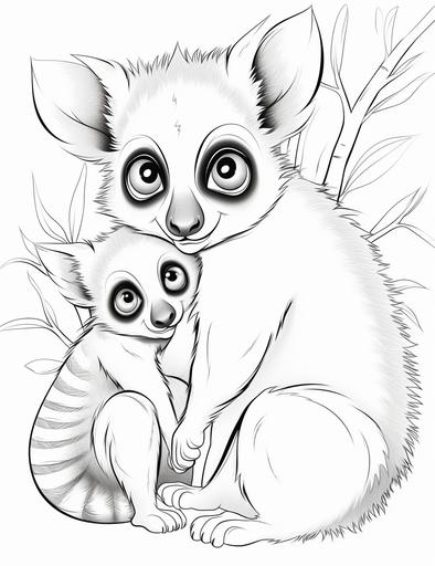 A cute lemur clinging to its parent, Coloring page, cartoon style --ar 17:22