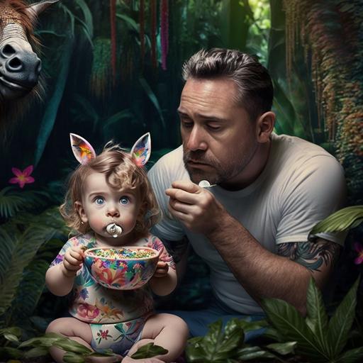 A cute little baby unicorn eating rainbow cereal with its dad in a lush tropical rainforest
