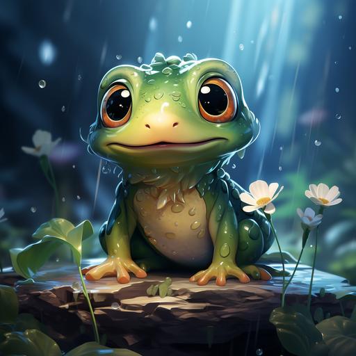 A cute little frog, painted in cartoon style, should be beautiful, conform to the Asian aesthetic, while making people look warm --s 750