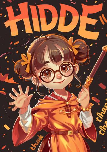 A cute little girl in her wizard outfit, with glasses and brown hair styled into pigtails. She is holding an elegant wand made of wood and gold metal, wearing orange robes that have the letters 