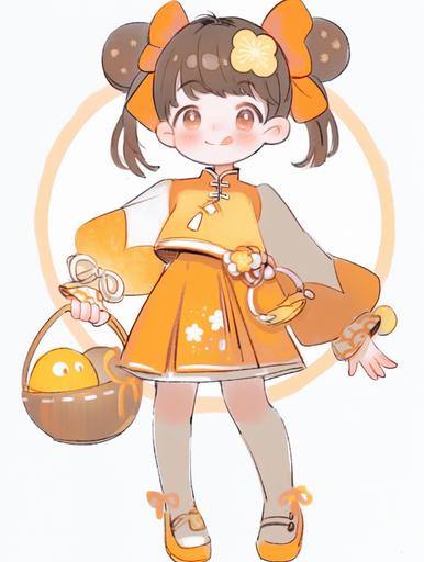 A cute little girl wearing a character illustration with orange clothing, brown hair and a flat bangs and double ball head, with two orange bows on her head, light orange and white, carrying a moon bag, yellow shoes, Spring Festival scene, Macaron color scheme, Chinese tradition,  --ar 3:4 --style expressive --niji 5