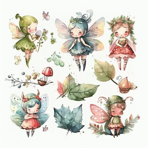 A cute retro differents fairies collection on white background with margins, watercolor