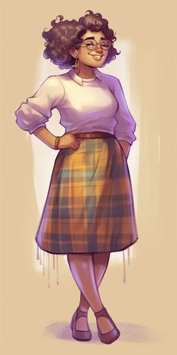 A cute, short, and fat arabic brown woman, wearing wire glasses in an academia-in-summer aesthetic, stylish plaid textures including a crop top and skirt, smiling and laughing, isolated on a plain background, full body, watercolor style, anime style --ar 1:2