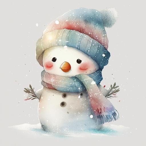 A cute snowman anime style , with santa hat and blue scarf , looking front , clipart bundle , watercolor, pastel colors, white background , whimsical and playful, with a touch of magic, soft edges, textured fur or feathers, dreamy and serene atmosphere --v 4