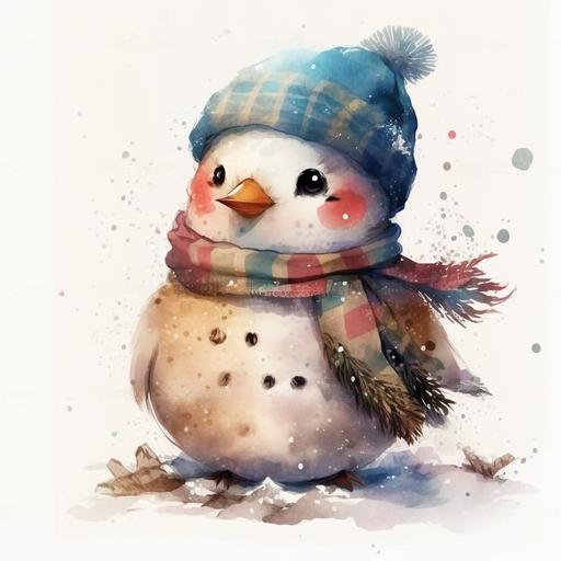 A cute snowman anime style , with santa hat and blue scarf , looking front , clipart bundle , watercolor, pastel colors, white background , whimsical and playful, with a touch of magic, soft edges, textured fur or feathers, dreamy and serene atmosphere --v 4