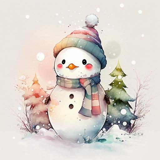 A cute snowman anime style , with santa hat and scarf , looking front , clipart bundle , surrounded by christmas trees , watercolor, pastel colors, white background , whimsical and playful, with a touch of magic, soft edges, textured fur or feathers, dreamy and serene atmosphere --v 4