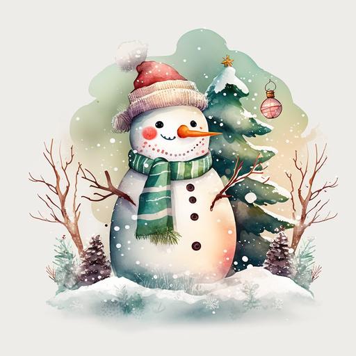 A cute snowman anime style , with santa hat and scarf , looking front , clipart bundle , surrounded by christmas trees , watercolor, pastel colors, white background , whimsical and playful, with a touch of magic, soft edges, textured fur or feathers, dreamy and serene atmosphere --v 4
