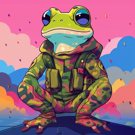 A cute soldier frog, in a colorfull background, cartoon simple style pfp