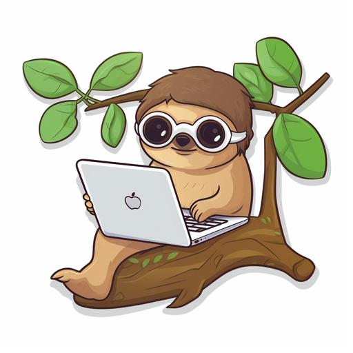 A cute sticker with a relaxed sloth wearing glasses and typing on a tiny laptop while hanging from a tree branch. add white border around the sticker to enhance its cuteness and clear background. --v 5.0