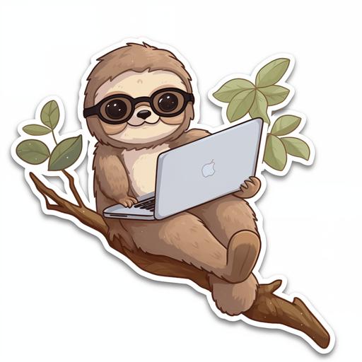 A cute sticker with a relaxed sloth wearing glasses and typing on a tiny laptop while hanging from a tree branch. add white border around the sticker to enhance its cuteness and make it clear it’s a sticker. --v 5.1