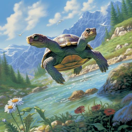 A cute trurtle character, high quality, high detail, a winged turtle flying over water, Larry Elmore