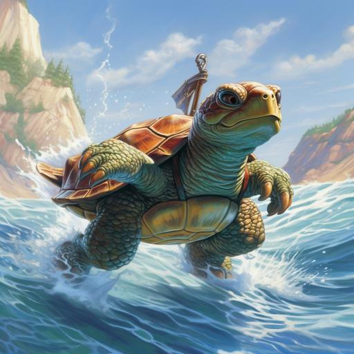 A cute trurtle character, high quality, high detail, a winged turtle flying over water, Larry Elmore