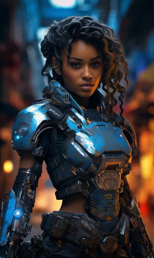 A cyberpunk soldier dark-skinned bihar Indian woman with glowing blue eye and a robotic silver arm, cyberpunk colors --ar 3:5