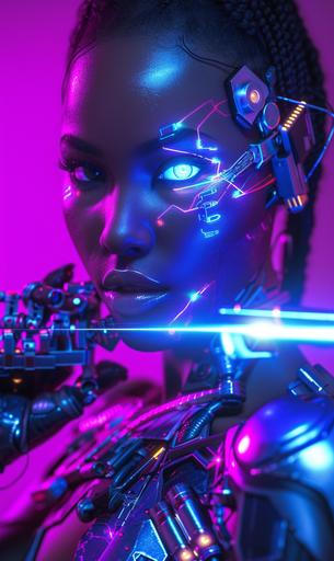 A cyberpunk soldier dark-skinned bihar Indian woman with glowing blue eye and a glowing tactical purple laser, one robotic silver arm, cyberpunk colors --v 6.0 --ar 3:5