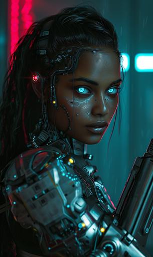 A cyberpunk soldier dark-skinned bihar Indian woman with glowing blue eye and a robotic silver arm, cyberpunk colors --v 6.0 --ar 3:5