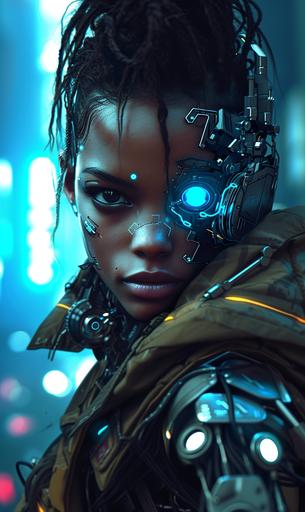 A cyberpunk soldier dark-skinned bihar Indian woman with glowing blue eye and a robotic silver arm, cyberpunk colors --v 6.0 --ar 3:5