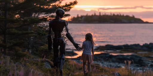 A cyborg walks along coastal route 1 in Maine with an 8 year old girl, they laugh together, silhouetted against the early morning sunrise. --ar 2:1 --v 6.0