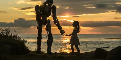 A cyborg walks along coastal route 1 in Maine with an 8 year old girl, they laugh together, silhouetted against the early morning sunrise. --ar 2:1
