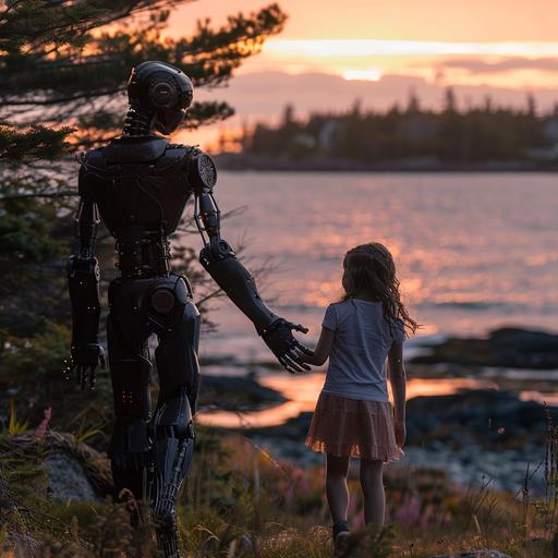 A cyborg walks along coastal route 1 in Maine with an 8 year old girl, they laugh together, silhouetted against the early morning sunrise.