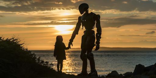 A cyborg walks along coastal route 1 in Maine with an 8 year old girl, they laugh together, silhouetted against the early morning sunrise. --ar 2:1