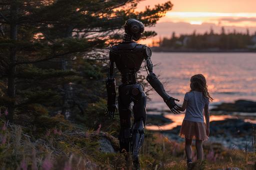A cyborg walks along coastal route 1 in Maine with an 8 year old girl, they laugh together, silhouetted against the early morning sunrise. --ar 3:2