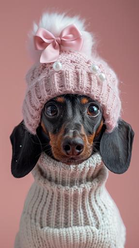A dachshund, black hair, brown mouth, white fluffy collar hat, pink bow on the hat, white pearl decoration, white wool clothes, pink background, cute, cute, film style, vivid colors, stereoscopic lighting, detailed description, shot on 35mm film --ar 9:16 --s 250 --v 6.0