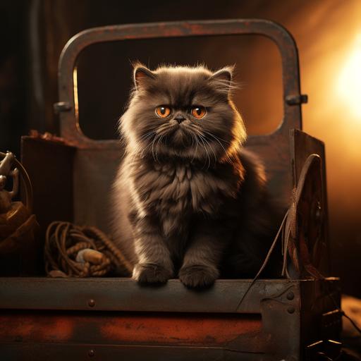 A dark brown doll faced persian cat sitting on a marron leather truck in a room with light orrange background with soft lighting with his paws hanging down, very realistic
