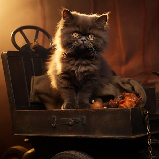A dark brown doll faced persian cat sitting on a marron leather truck in a room with light orrange background with soft lighting with his paws hanging down, very realistic
