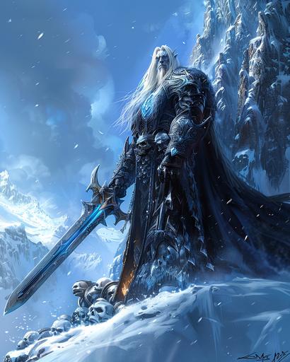 A dark fantasy art style drawing of the Lich King, holding his sword and skull weapon in an ominous pose, standing on top of Minas Morgul with a gloomy sky behind him. He has white hair flowing down to his shoulders, pale skin, black eyes, wearing a long dark coat, skull mask and crown, and is surrounded by shadowy goblins. In the background there's Minas Morgul castle. The drawing is in the style of a fantasy artist. --ar 51:64 --c 35 --s 400 --v 6.0